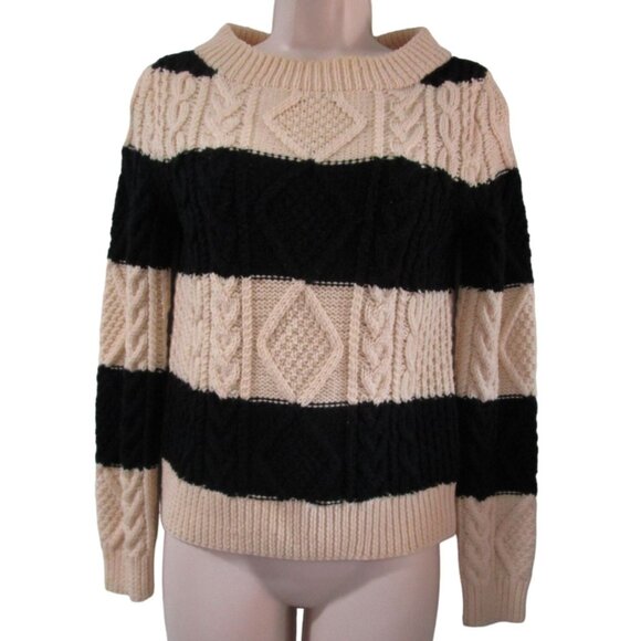 J Crew Handknit Wool Sweater XS Black Cream Stripes Cozy Cable Knit GUC - Picture 2 of 16